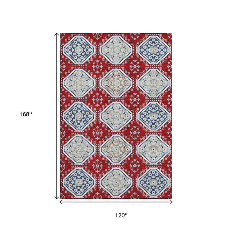 10' X 14' Red Navy Blue And Ivory Floral Washable Area Rug With UV Protection