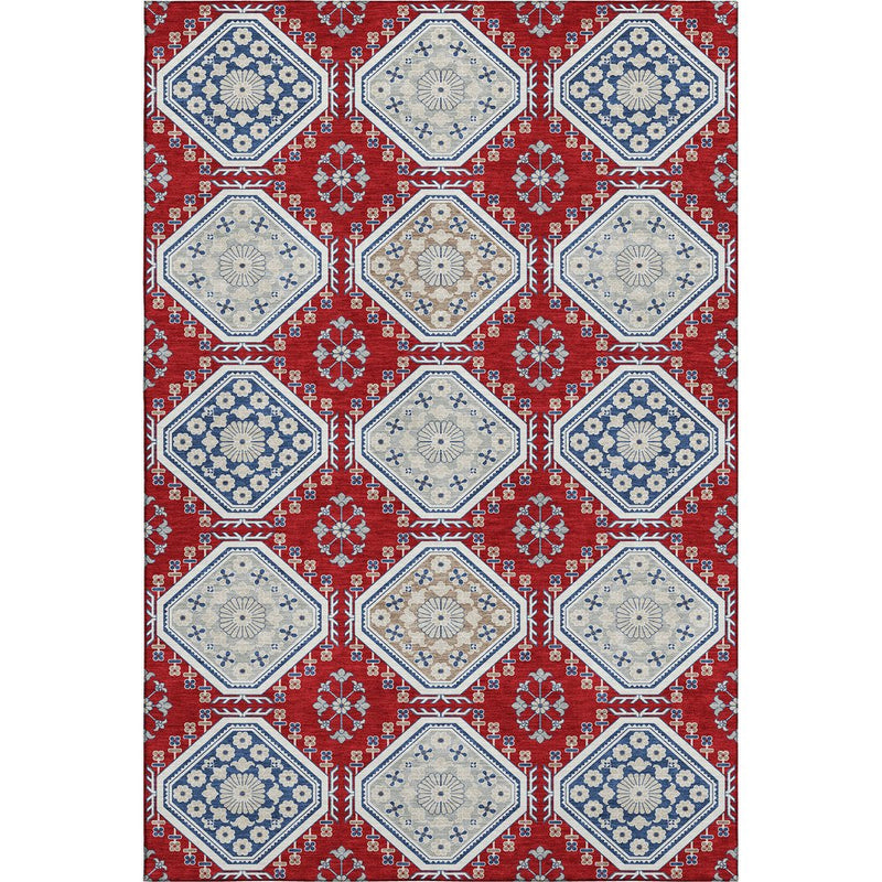 10' X 14' Red Navy Blue And Ivory Floral Washable Area Rug With UV Protection