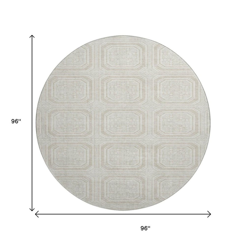 8' X 8' Beige Ivory And Taupe Geometric Washable Round Rug With UV Protection