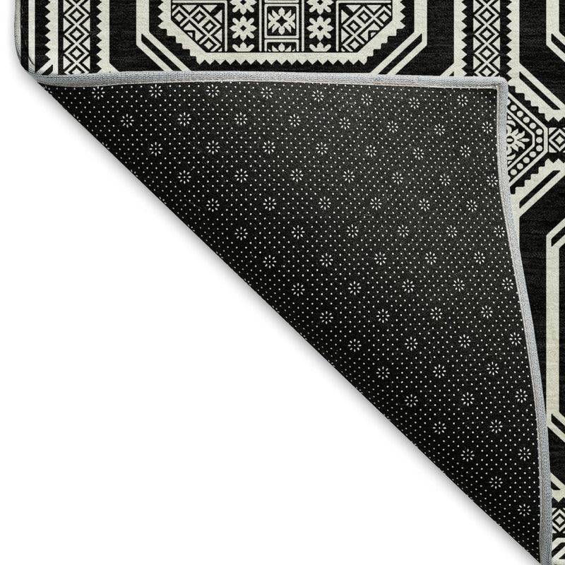 5' X 8' Black Ivory And Gray Geometric Washable Area Rug With UV Protection