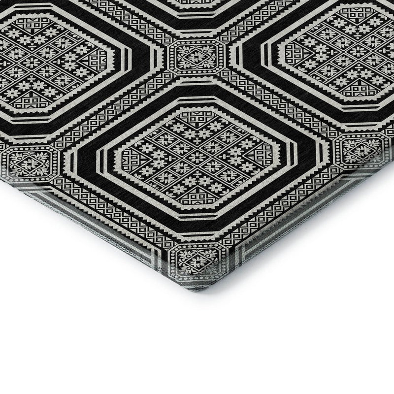 5' X 8' Black Ivory And Gray Geometric Washable Area Rug With UV Protection