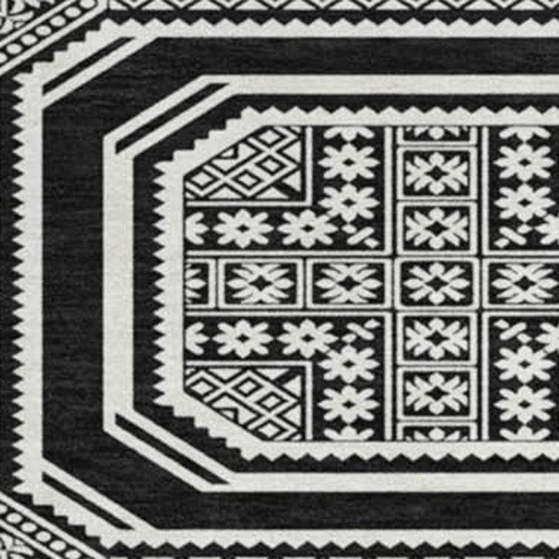 8' X 8' Black Ivory And Gray Geometric Washable Round Rug With UV Protection