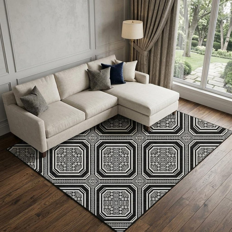 9' X 12' Black Ivory And Gray Geometric Washable Area Rug With UV Protection