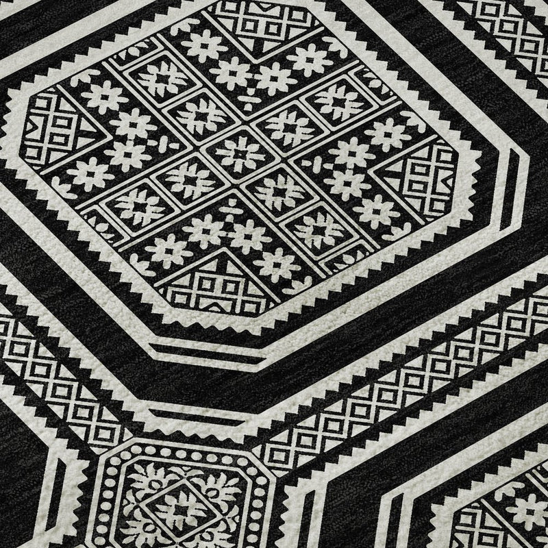 9' X 12' Black Ivory And Gray Geometric Washable Area Rug With UV Protection