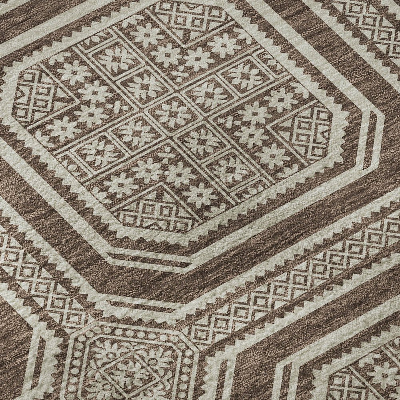 9' X 12' Brown Beige And Taupe Geometric Washable Area Rug With UV Protection