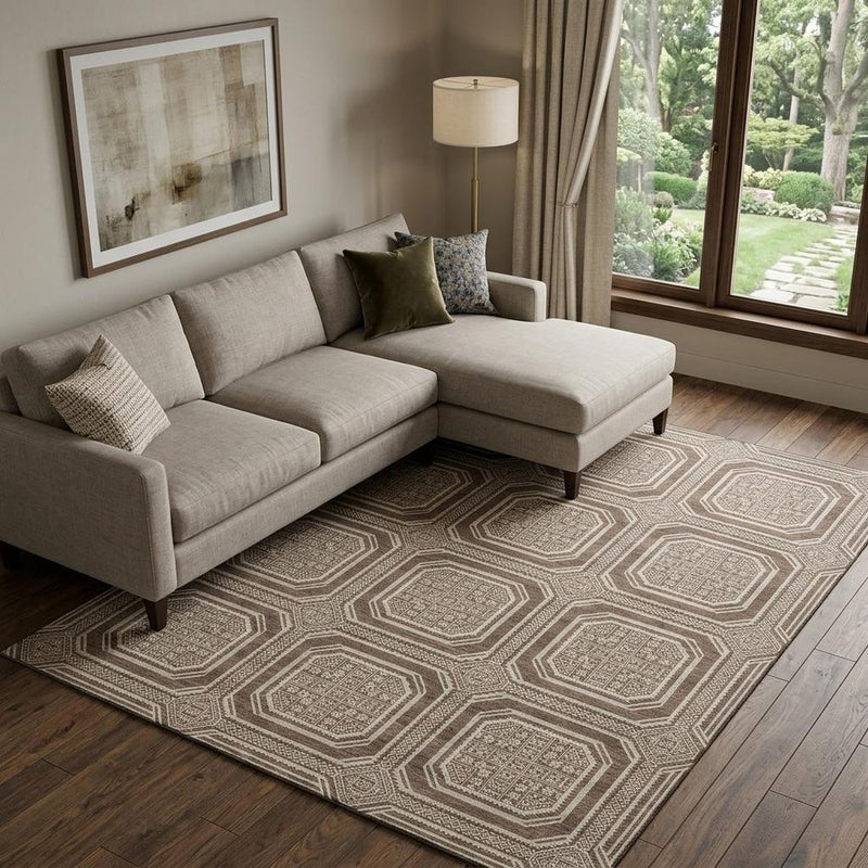 10' X 14' Brown Beige And Taupe Geometric Washable Area Rug With UV Protection