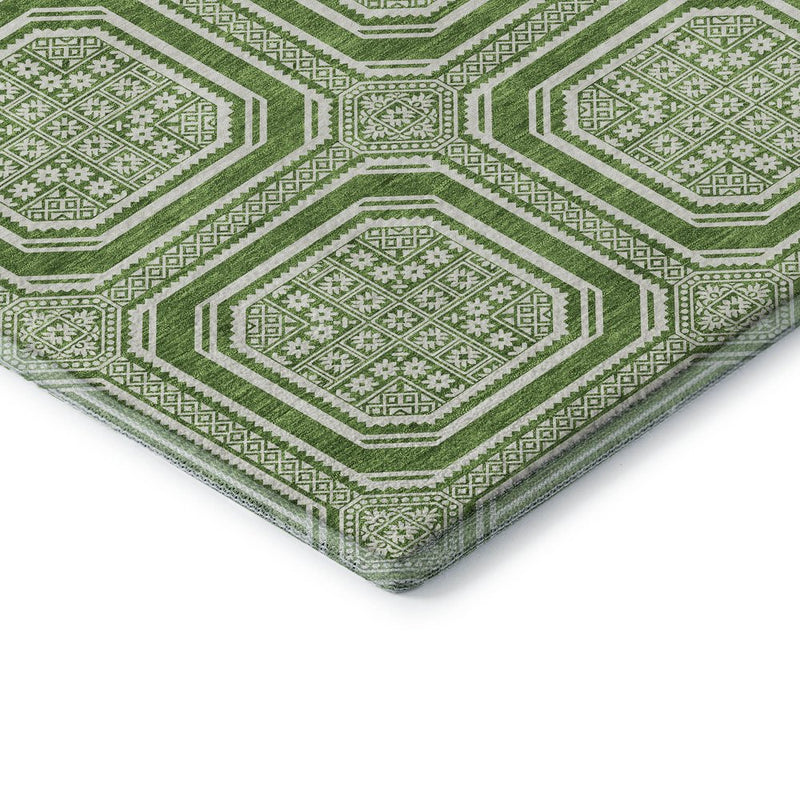 9' X 12' Green And Ivory Geometric Washable Area Rug With UV Protection