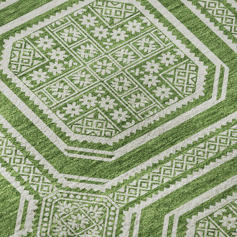 9' X 12' Green And Ivory Geometric Washable Area Rug With UV Protection