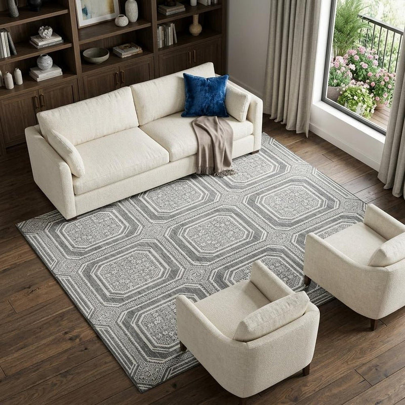 10' X 14' Gray And Ivory Geometric Washable Area Rug With UV Protection