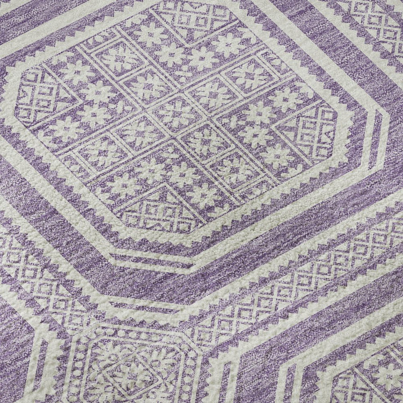 9' X 12' Lavender And Ivory Geometric Washable Area Rug With UV Protection