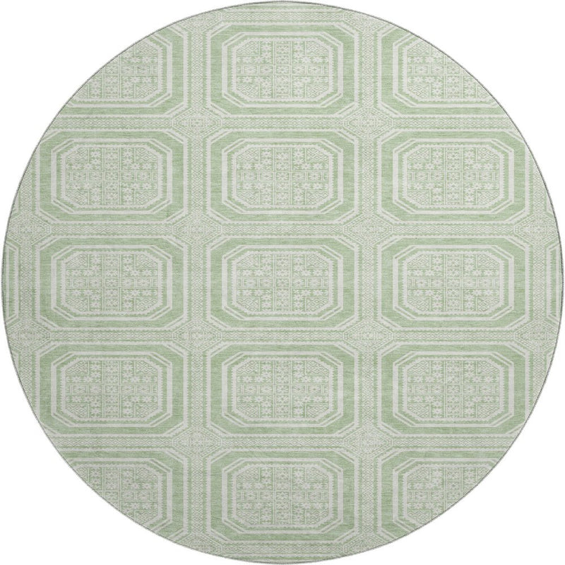 8' X 8' Mint Green And Ivory Geometric Washable Round Rug With UV Protection