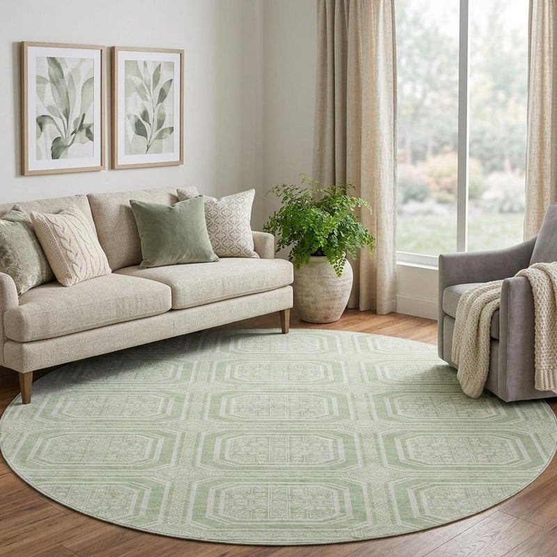 8' X 8' Mint Green And Ivory Geometric Washable Round Rug With UV Protection