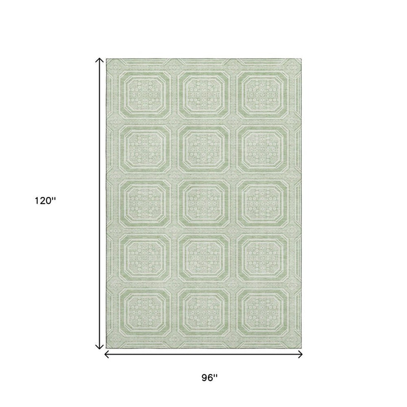 8' Mint Green And Ivory Geometric Washable Area Rug With UV Protection