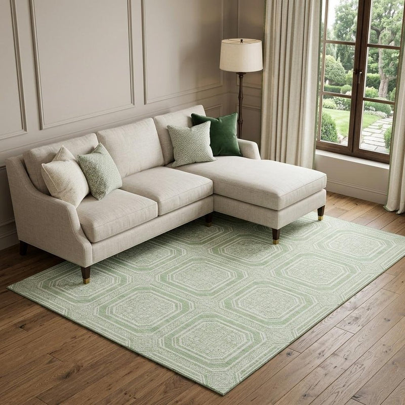 9' X 12' Mint Green And Ivory Geometric Washable Area Rug With UV Protection