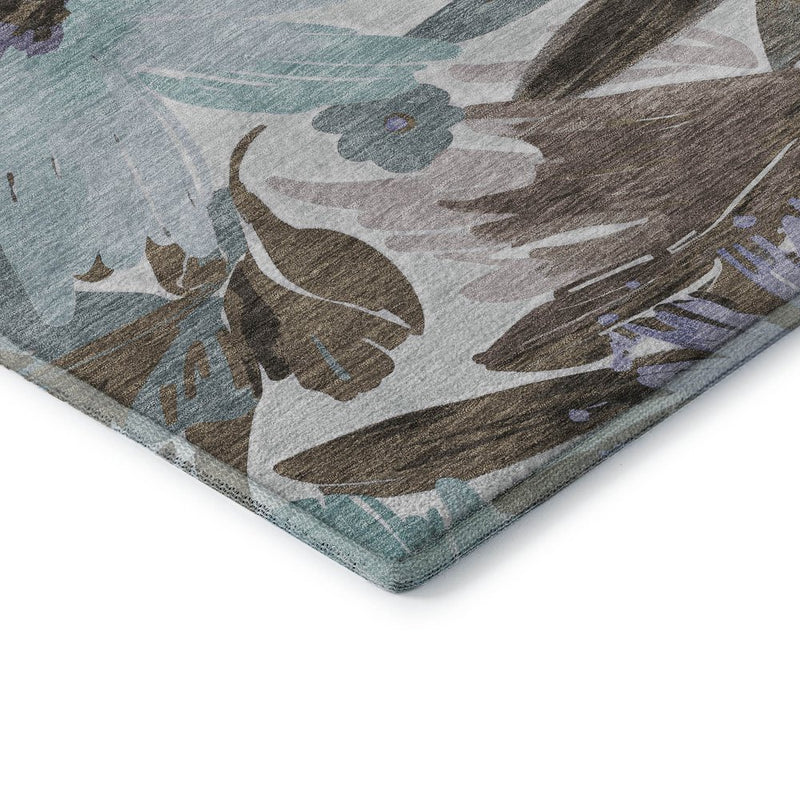 5' X 8' Taupe Blue And Lavender Floral Washable Area Rug With UV Protection