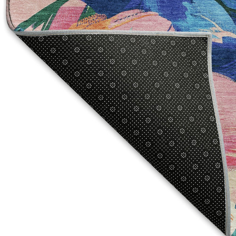 9' X 12' Navy Blue Orange And Pink Floral Washable Area Rug With UV Protection