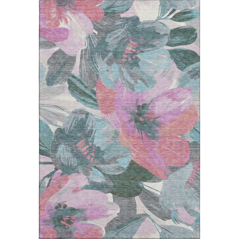 8' Teal Blush And Ivory Floral Washable Area Rug With UV Protection