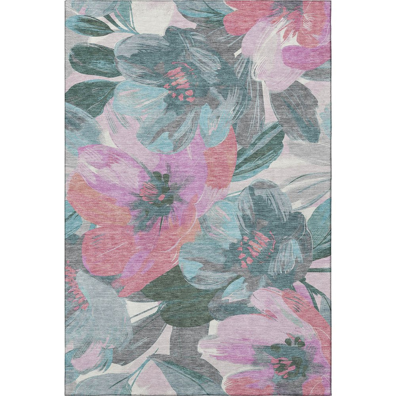 8' Teal Blush And Ivory Floral Washable Area Rug With UV Protection