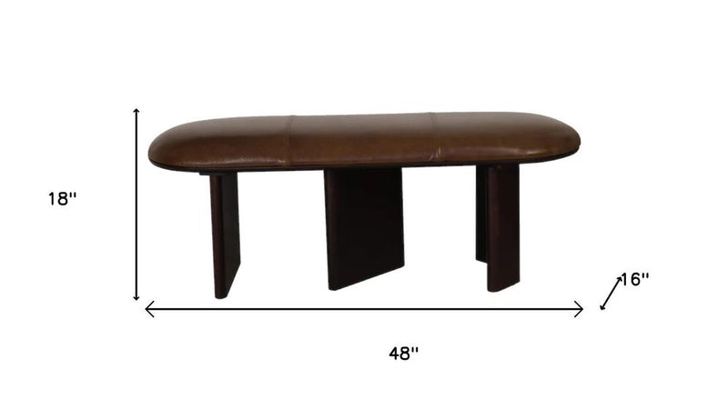 48" Brown And Dark Brown Genuine Leather And Solid Wood Upholstered Bench
