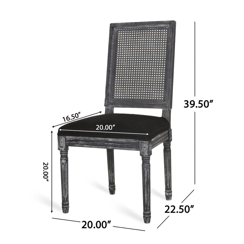French Country Dining Chair With Rectangular Cane Backrest And Smooth Upholstered Seating