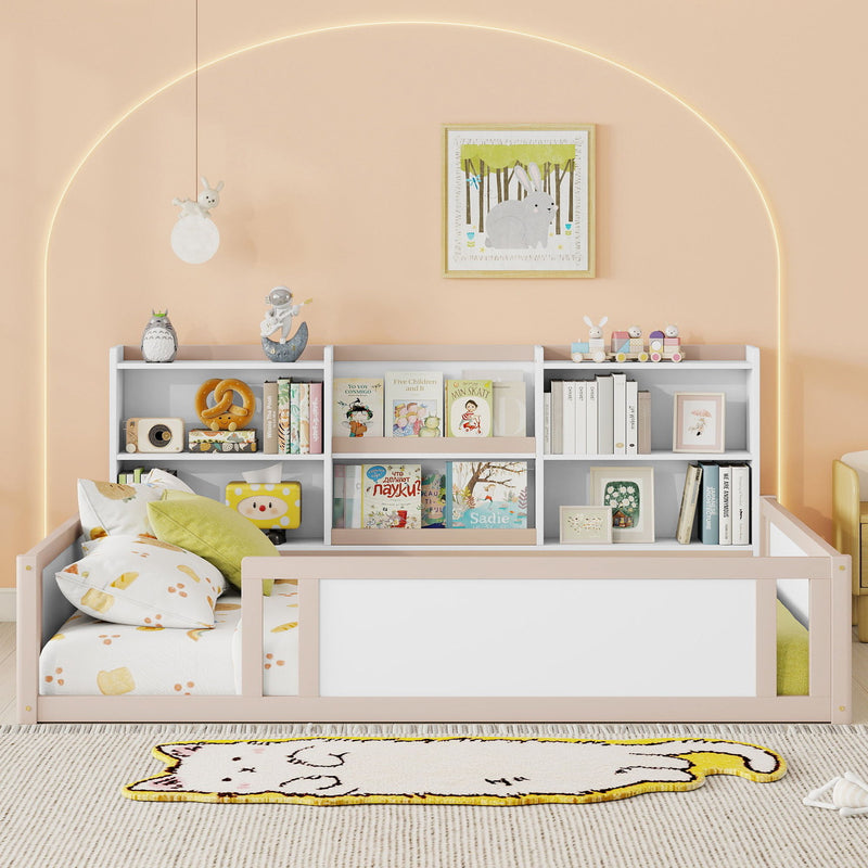 Platform Floor Bed With Guardrail Fence And Side Storage Shelves