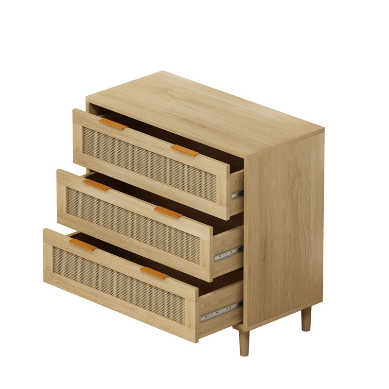 3 Drawer Storage Cabinet With Rattan Drawers For Bedroom, Living Room - Oak