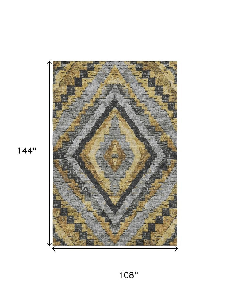 9' X 12' Gold Charcoal And Gray Diamond Washable Area Rug With UV Protection