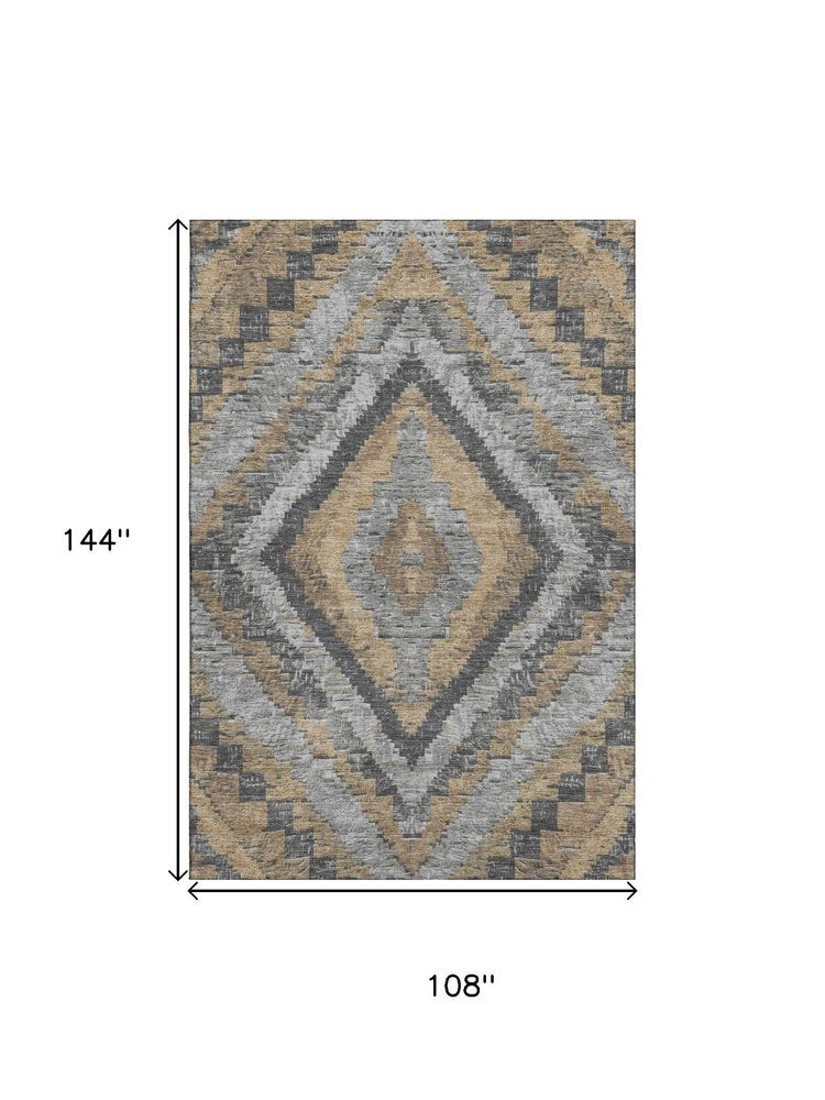 9' X 12' Khaki Charcoal And Gray Diamond Washable Area Rug With UV Protection