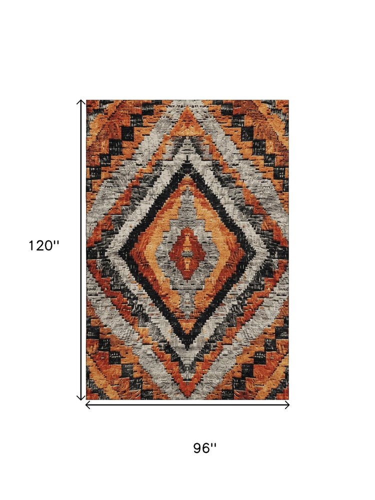 8' X 10' Terra Cotta Charcoal And Gray Diamond Washable Area Rug With UV Protection