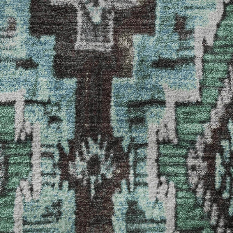 5' X 8' Teal Charcoal And Ivory Ikat Washable Area Rug With UV Protection