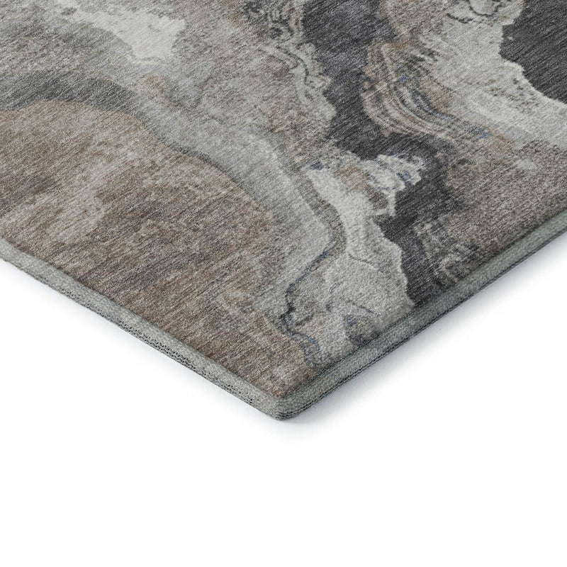 8' Taupe Blue And Ivory Abstract Washable Round Rug With UV Protection
