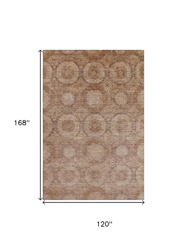 10' X 14' Copper And Beige Abstract Geometric Washable Area Rug With UV Protection