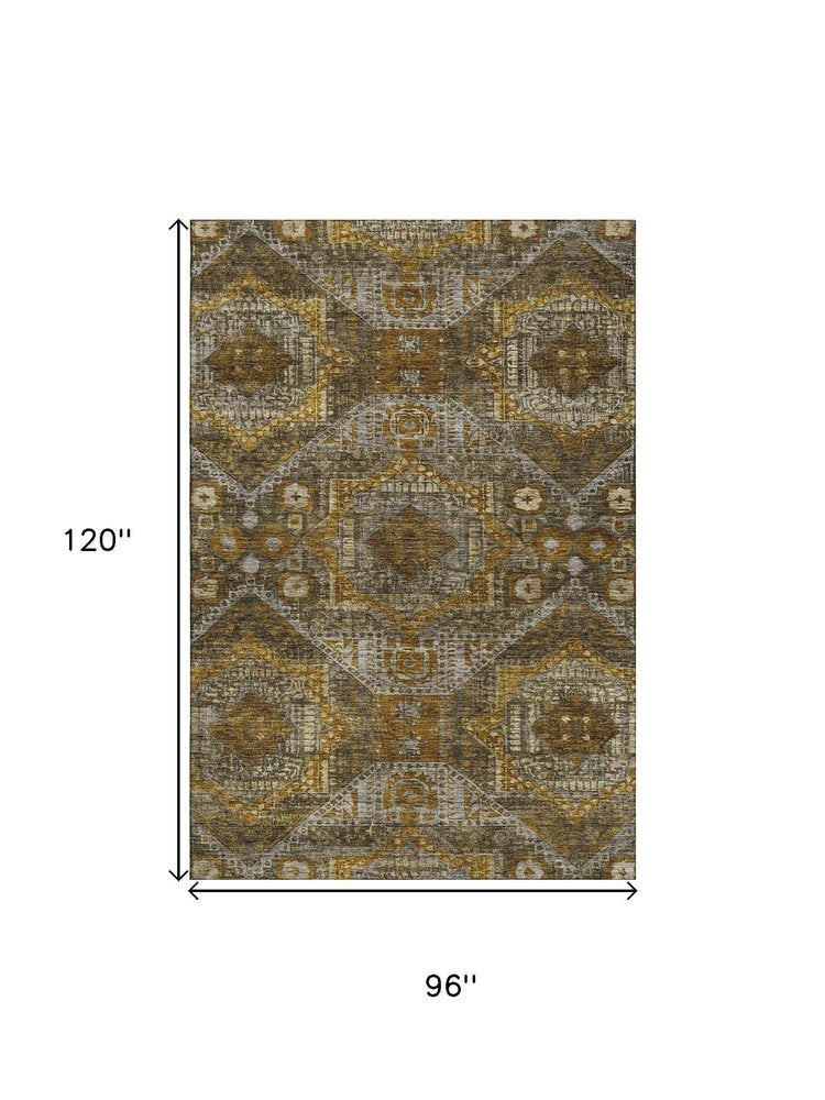 8' X 10' Brown Gold And Beige Abstract Geometric Washable Area Rug With UV Protection