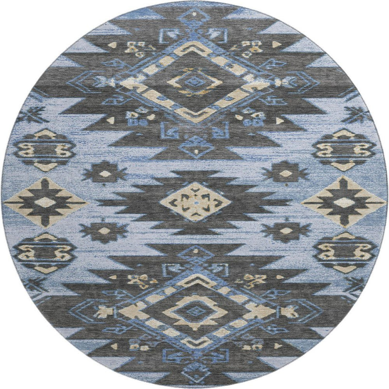 8' Blue Charcoal And Gray Tribal Washable Round Rug With UV Protection