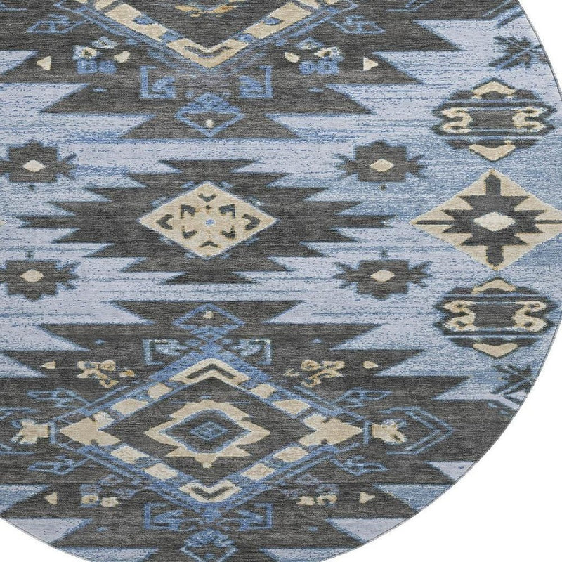 8' Blue Charcoal And Gray Tribal Washable Round Rug With UV Protection