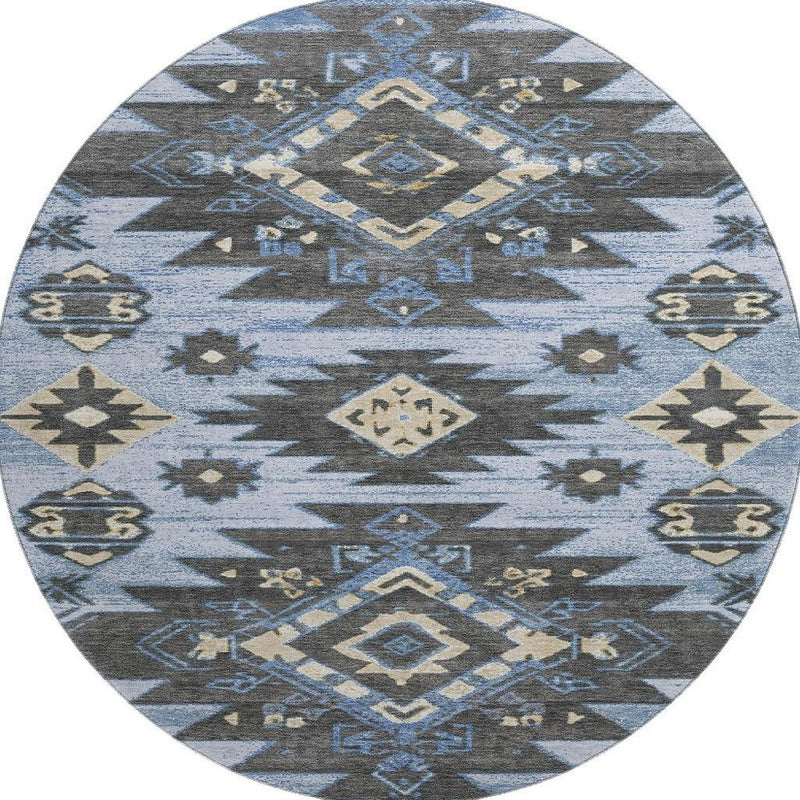 8' Blue Charcoal And Gray Tribal Washable Round Rug With UV Protection