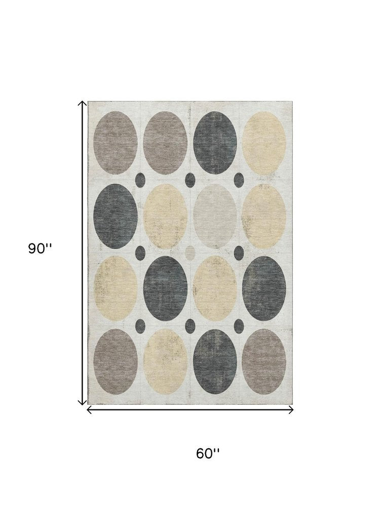 5' X 8' Ivory Charcoal And Beige Geometric Washable Area Rug With UV Protection