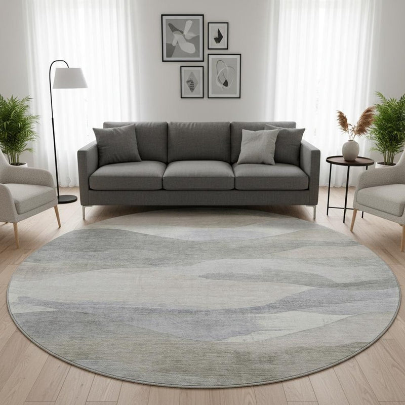 8' Beige Gray And Ivory Abstract Washable Round Rug With UV Protection