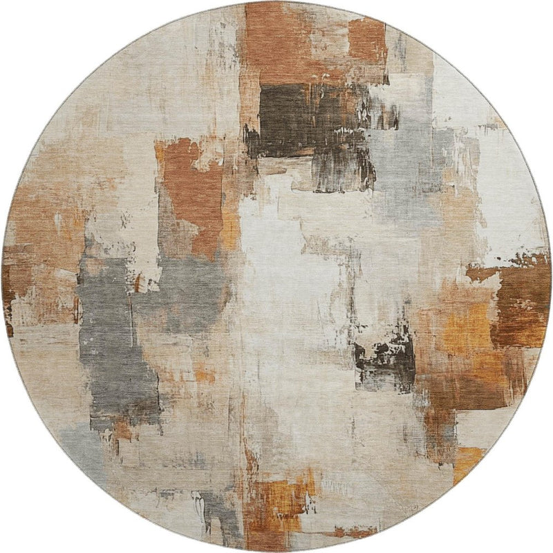 8' Ivory Rust And Beige Abstract Washable Round Rug With UV Protection