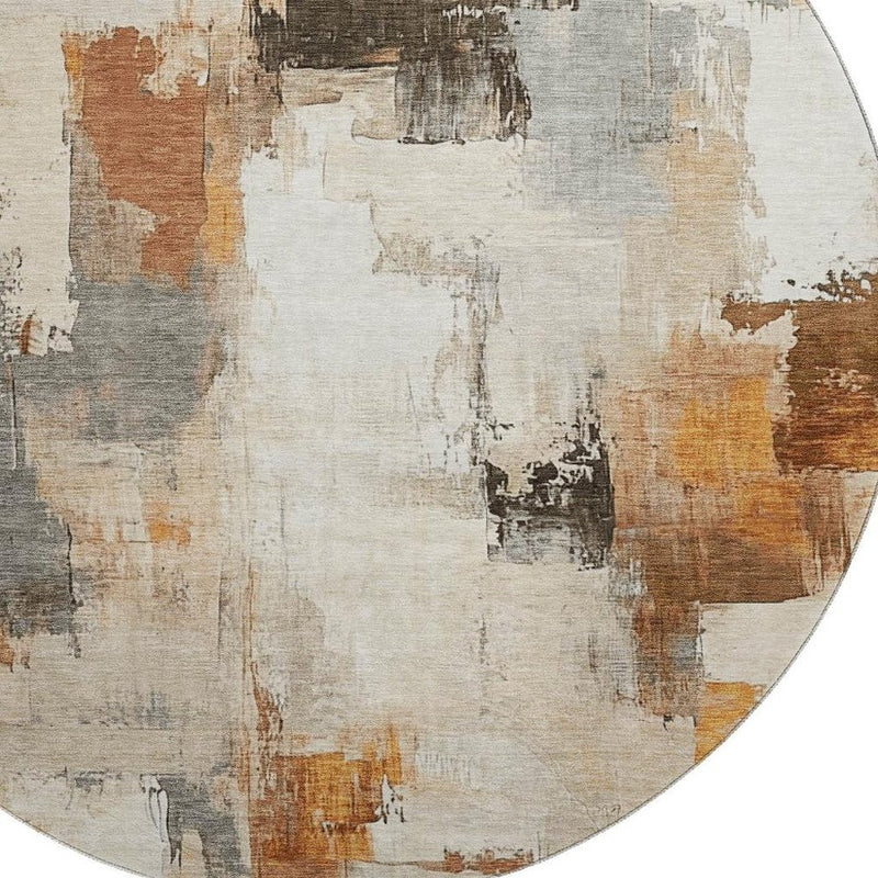 8' Ivory Rust And Beige Abstract Washable Round Rug With UV Protection