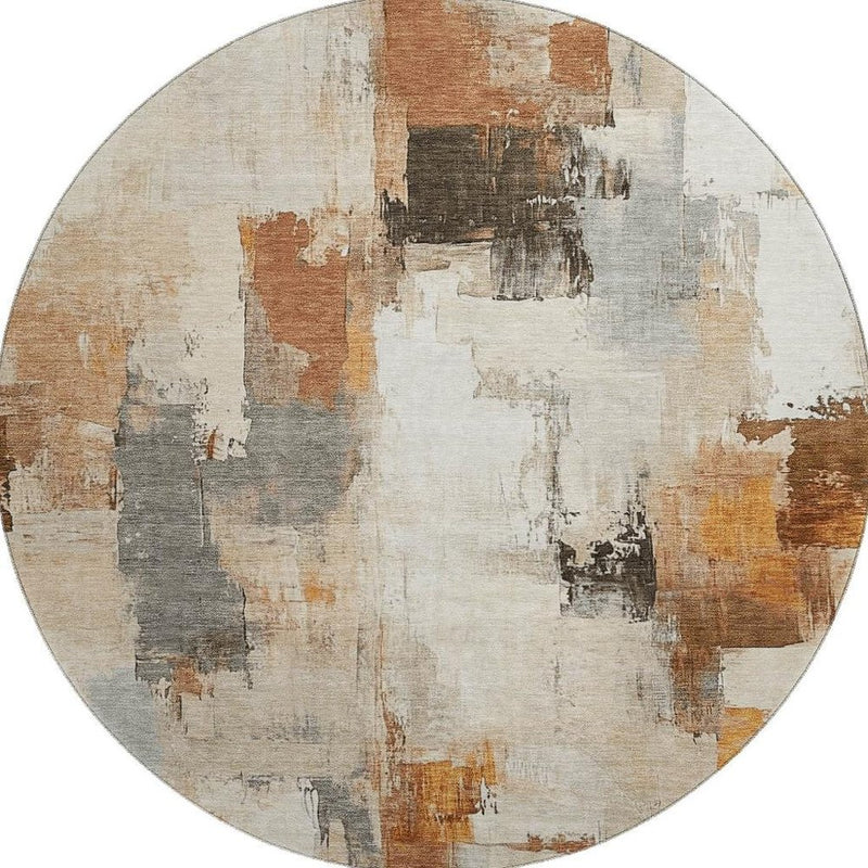 8' Ivory Rust And Beige Abstract Washable Round Rug With UV Protection