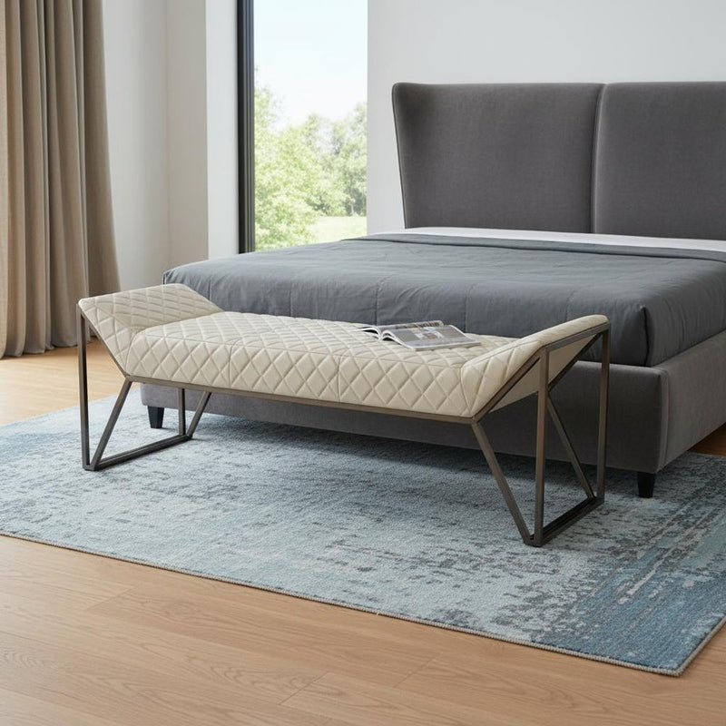 63" Cream And Gray Faux Leather And Steel Upholstered Bench
