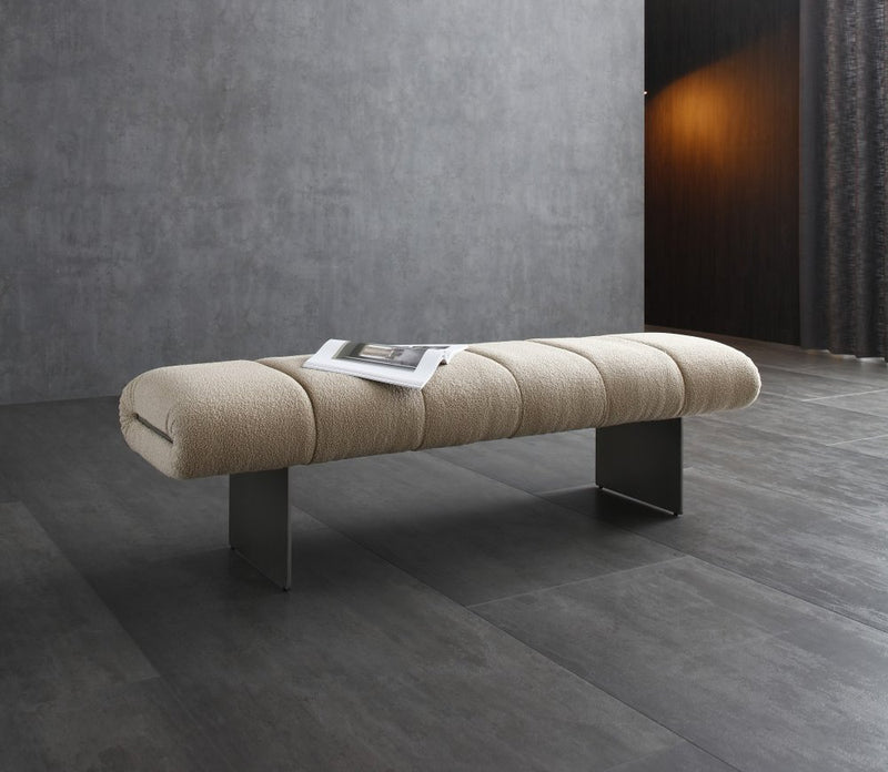 63" Beige And Nickel Boucle And Steel Upholstered Bench
