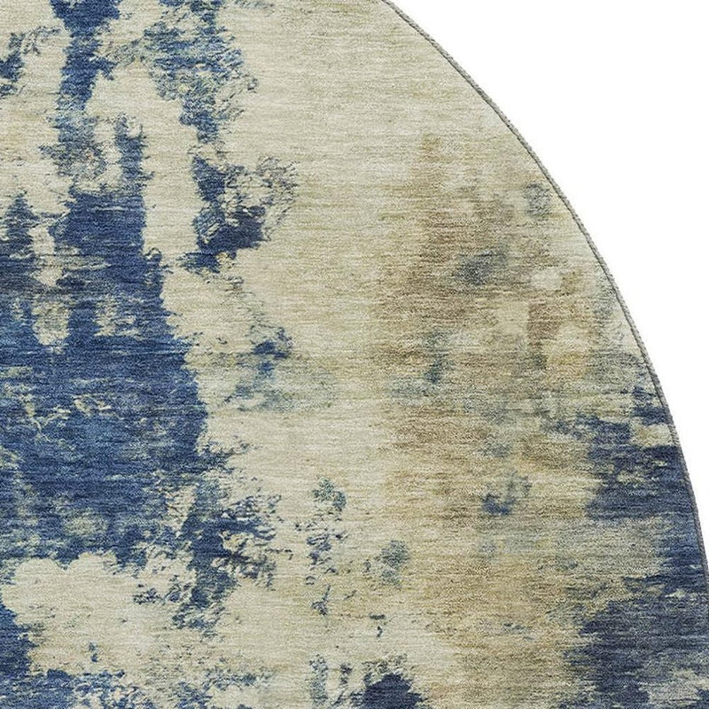 8' Navy Blue And Beige Abstract Washable Round Rug With UV Protection