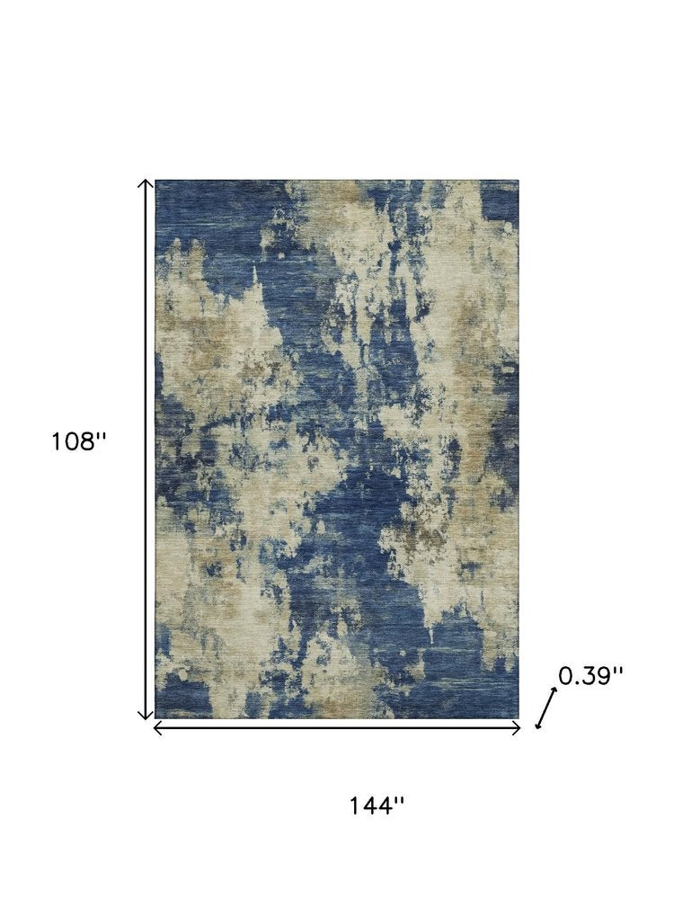 9' X 12' Navy Blue And Beige Abstract Washable Area Rug With UV Protection