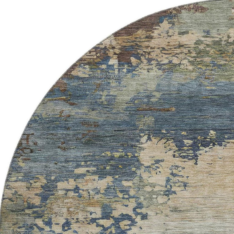 8' Blue And Beige Abstract Washable Round Rug With UV Protection