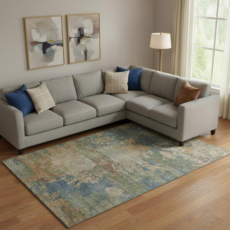 8' X 10' Denim Blue And Beige Abstract Washable Area Rug With UV Protection