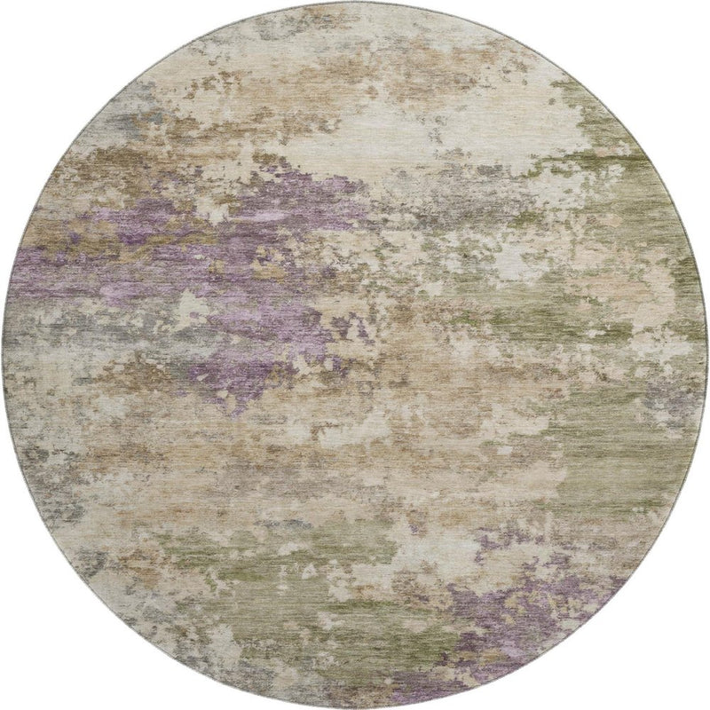 8' Beige And Purple Abstract Washable Round Rug With UV Protection