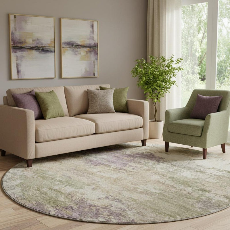 8' Beige And Purple Abstract Washable Round Rug With UV Protection