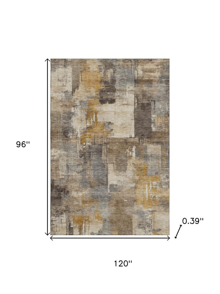 8' X 10' Brown And Beige Abstract Washable Area Rug With UV Protection